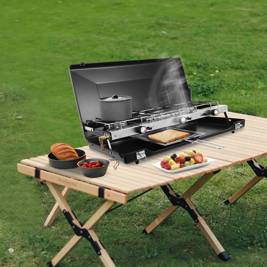 Portable Camping Stove with Griddle 3 Burner Propane Gas Stove Adjustable Windshield Folding for camping, barbecues, parties