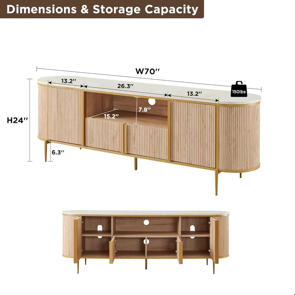okd luxury 70" fluted tv stand, modern chic entertainment center for tvs up to 80 inches, tv console with faux marble top, curve
