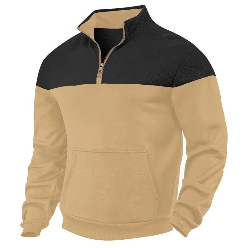Cross Border Mens Oversized Color Block Hoodie Heavy Fleece Lined Winter Stand Collar Zipper Sweater Casual Loose Fit