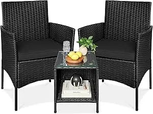 3-Piece Outdoor Wicker Conversation Bistro Set, Space Saving Patio Furniture for Garden w/Side Table - Gray/Navy