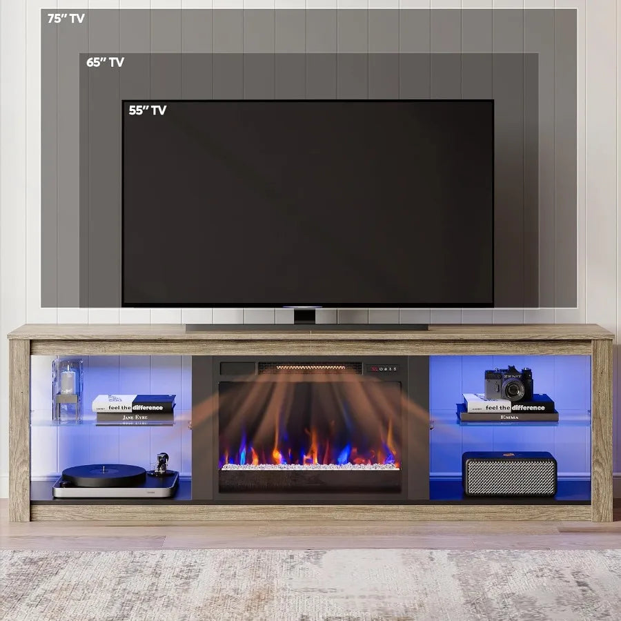 Bestier 70 Inch Fireplace TV Stand for TVs up to 75 inches featuring a 23 inch Electric Fireplace Media Console Table with Glas