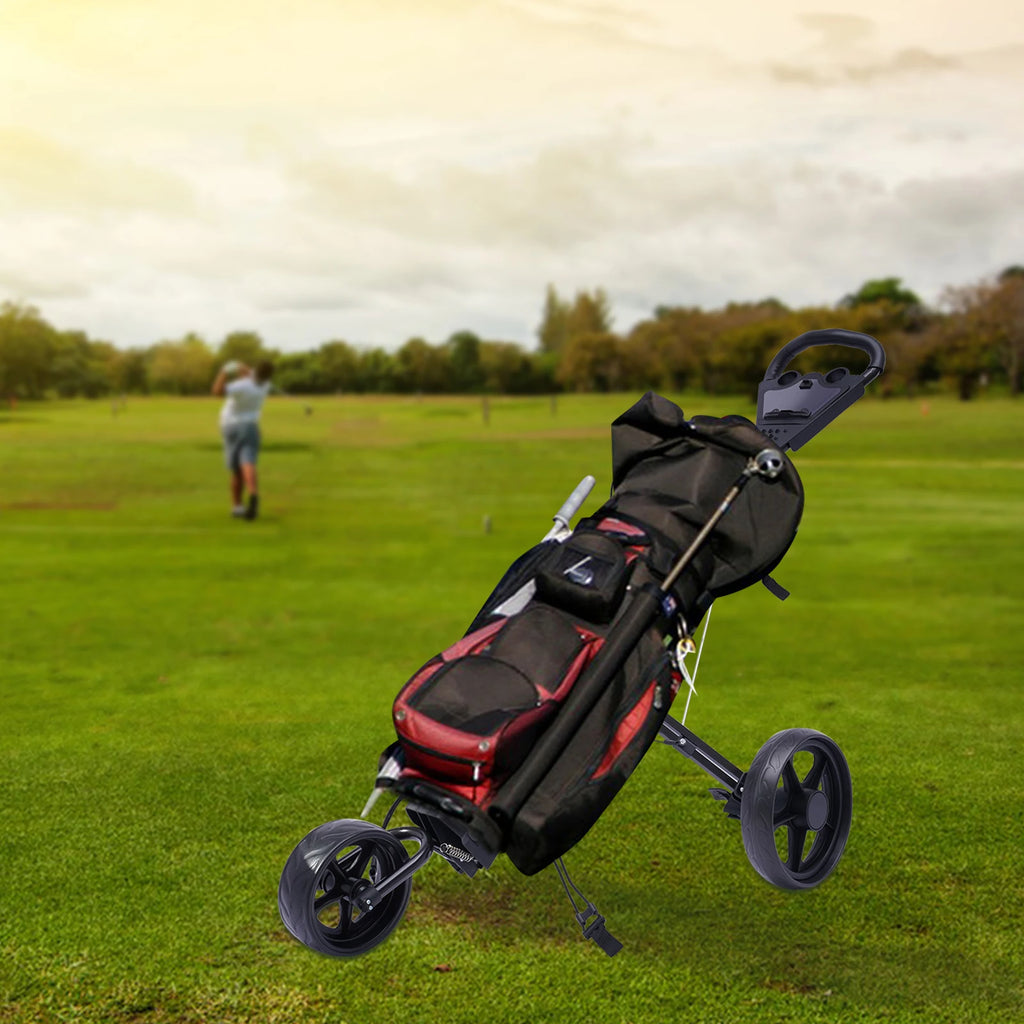 Golf Push Cart Ball Storage Rack 3 Wheel Foldable/Collapsible Golf Push Cart with Foot Brake Open and Close in ONE