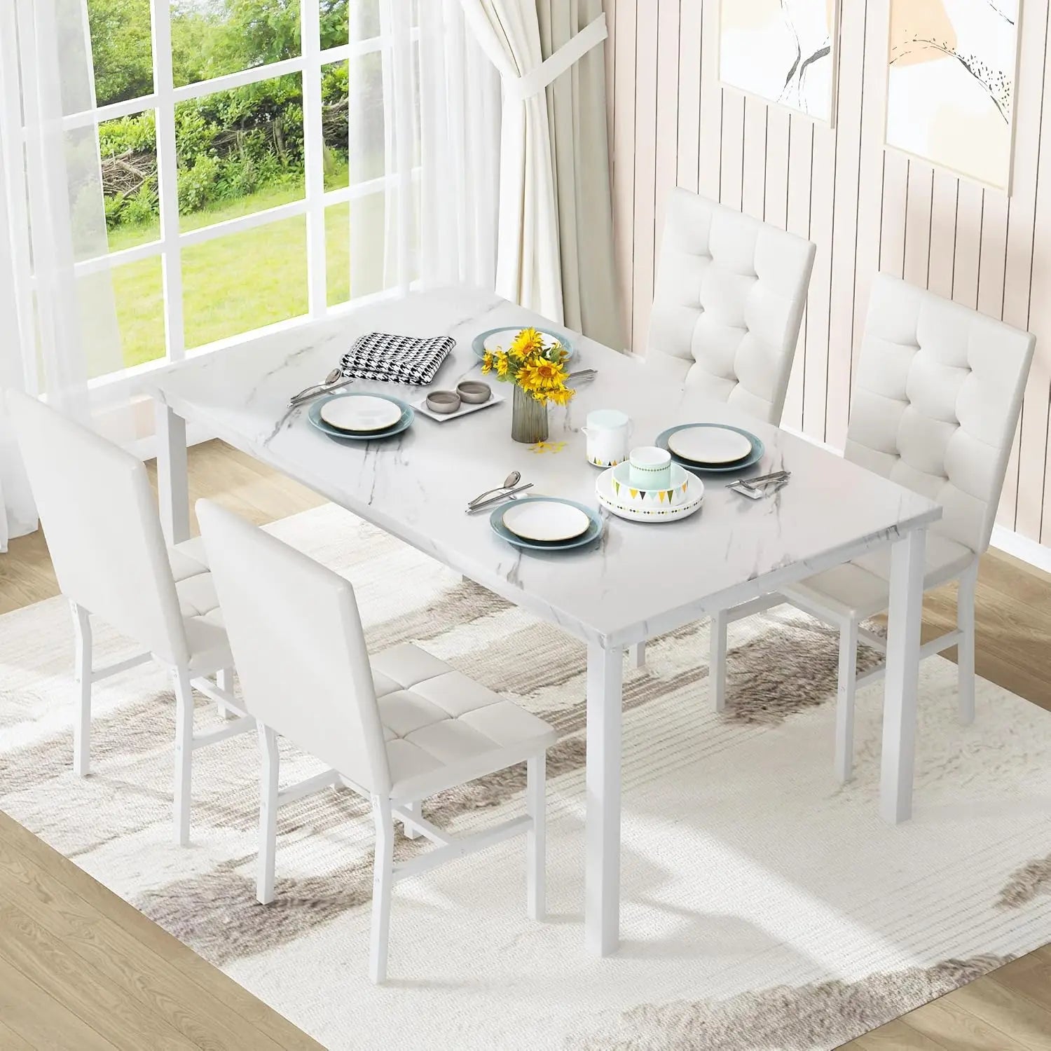 Dining Table Set for 4, Faux Marble Kitchen Table with 4 Leather Chairs, Modern White Dinette Set for Small Spaces