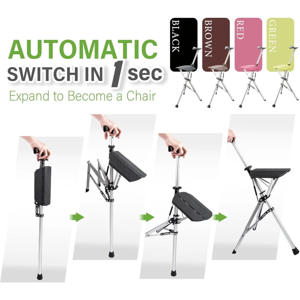 Portable hiking pole, folding cane with chair, lightweight aluminum, easy to carry and store, non-slip