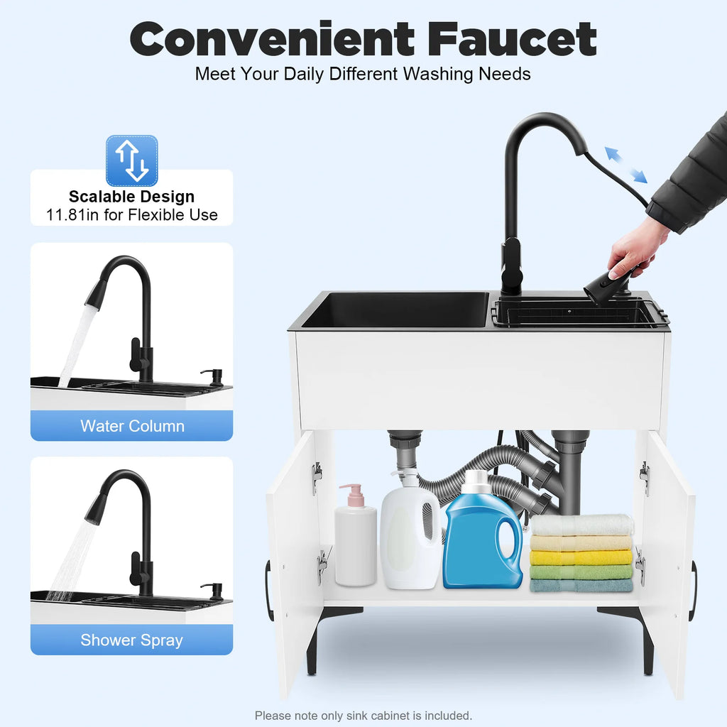 Pull Out Faucet Kitchen Sink, 30" Freestanding Stainless Steel Double Basin with Cabinet, Soap Dispenser & Drain Basket, for Ho