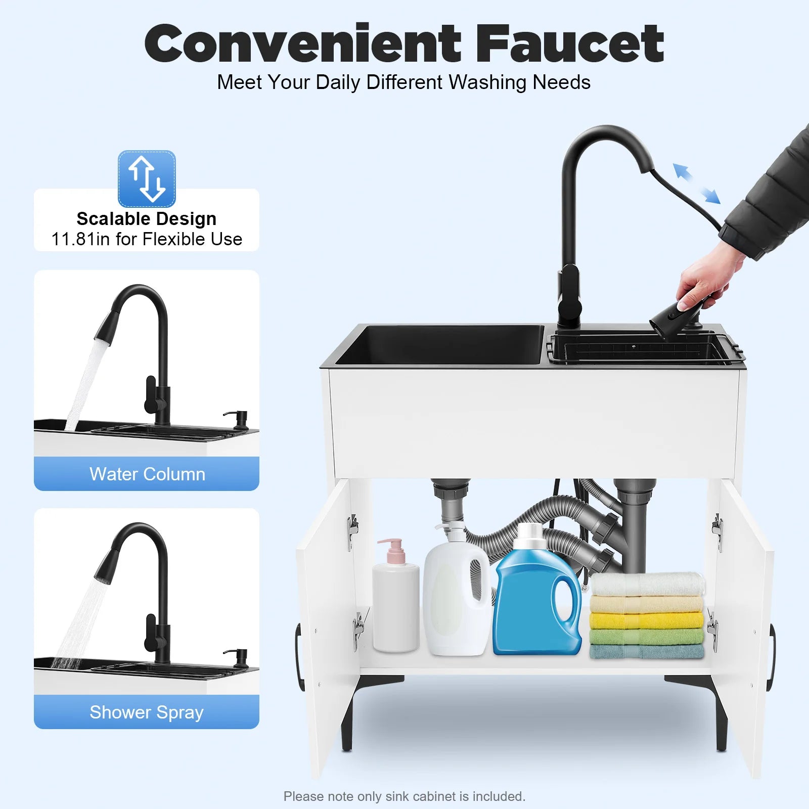 Pull Out Faucet Kitchen Sink, 30" Freestanding Stainless Steel Double Basin with Cabinet, Soap Dispenser & Drain Basket, for Ho