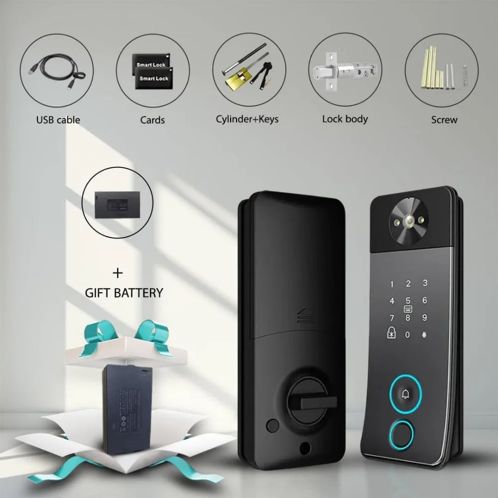 Smart Door Lock with Camera, Doorbell & Video Intercom – Keyless Entry Deadbolt, 5 Unlock Ways (Fingerprint, Password, Card, Key