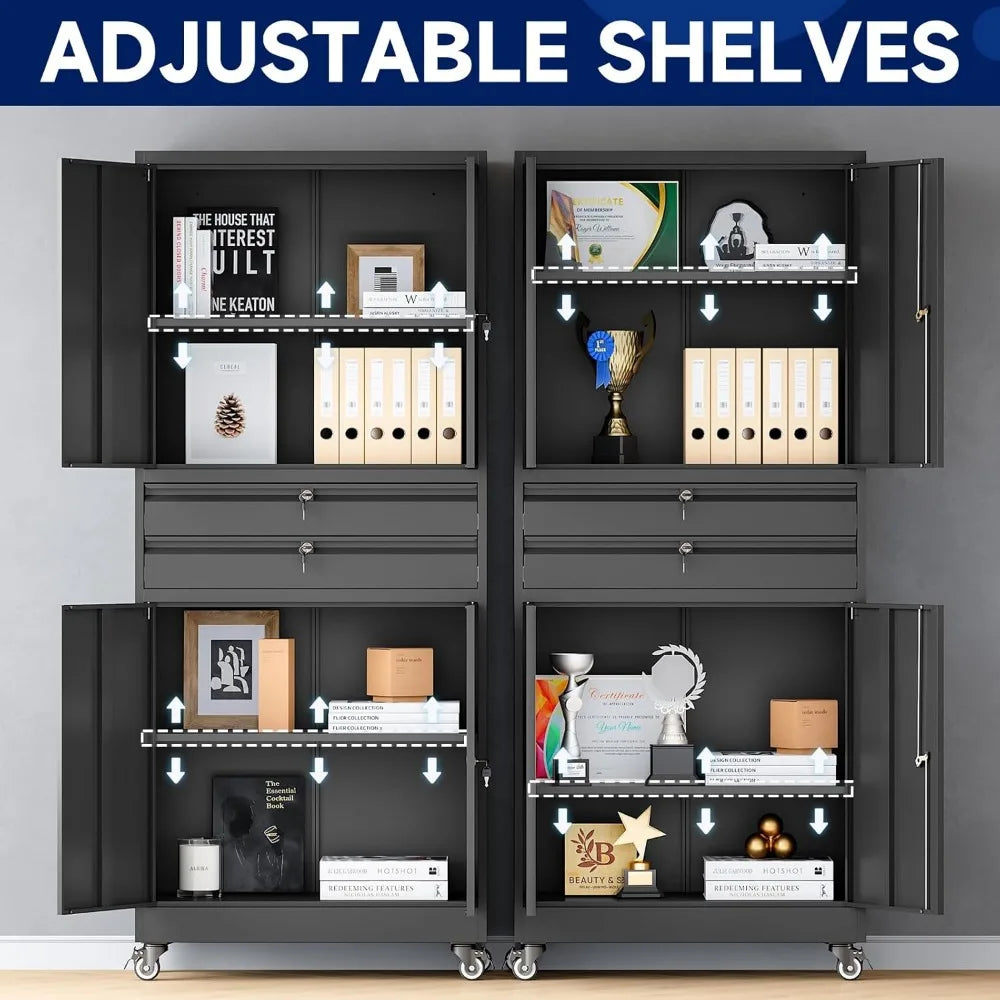 Metal Garage Storage Cabinet with Locking Doors and Adjustable Shelves, Rolling Tool Storage Cabinet with 4 Wheels and 2 Drawer