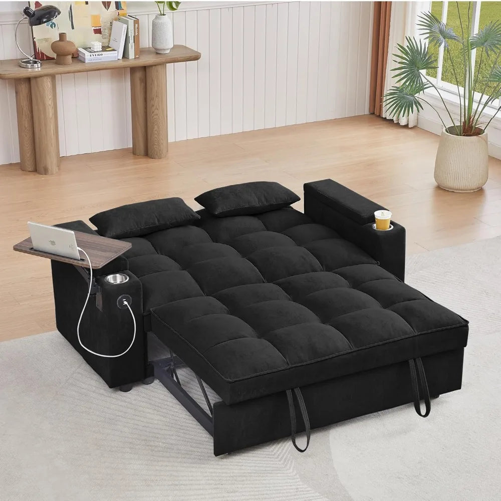 65'' 3-in-1 Folding Convertible Sofa Bed, Pullout Sofa, Modern Chenille Fabric, 360° Swivel Side Table, Easy Assembly,