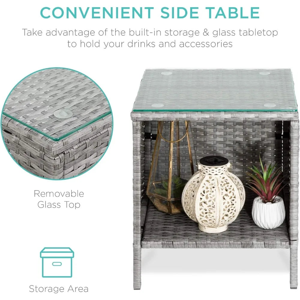 3-Piece Outdoor Wicker Conversation Bistro Set, Space Saving Patio Furniture for Garden w/Side Table - Gray/Navy