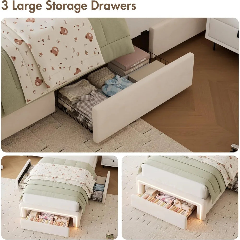 Twin LED Bed Frame with Storage Headboard & Charging Station, Velvet Fabric Platform Bed Frames with 3 Drawers, No Box Spring Ne