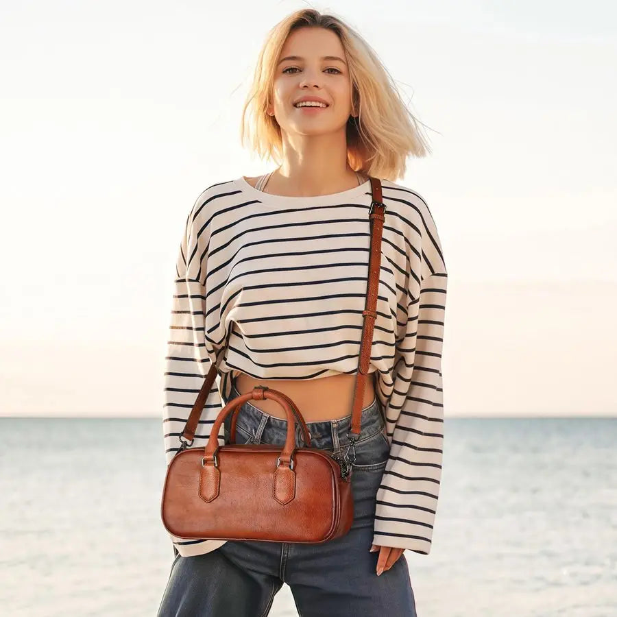Leather Crossbody bags for Women, Top Handle Purses, Barrel Satchel Handbags with Adjustable Shoulder Strap