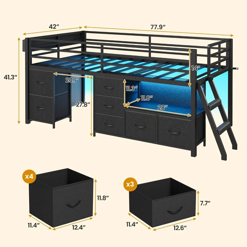Low Loft Bed Twin Size with 7 Storage Drawers, Bookcase and LED Lights, Metal Kids Loft Bed with 14" H Safety Guardrail,Incline