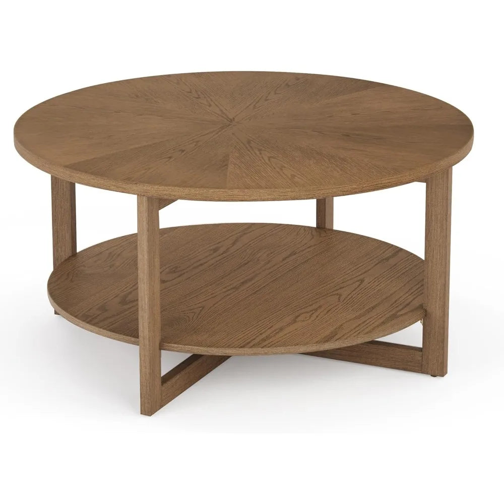 Rustic Modern 35 Circle Coffee Table with 2-Tier Storage Shelf, Dark Wood Living Room Furniture