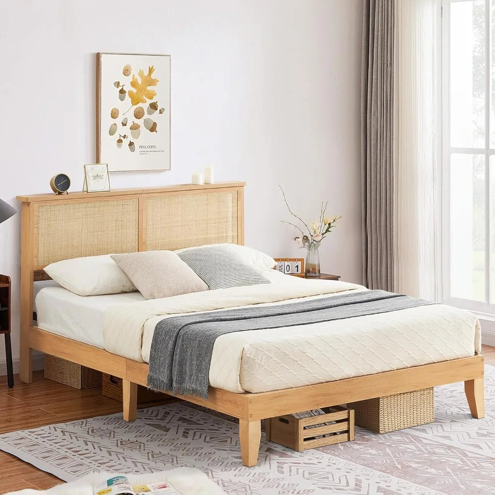 Queen Size Rattan Bed Frame with Natural Headboard, Bohemian Style, LED Lighted Wooden Bed