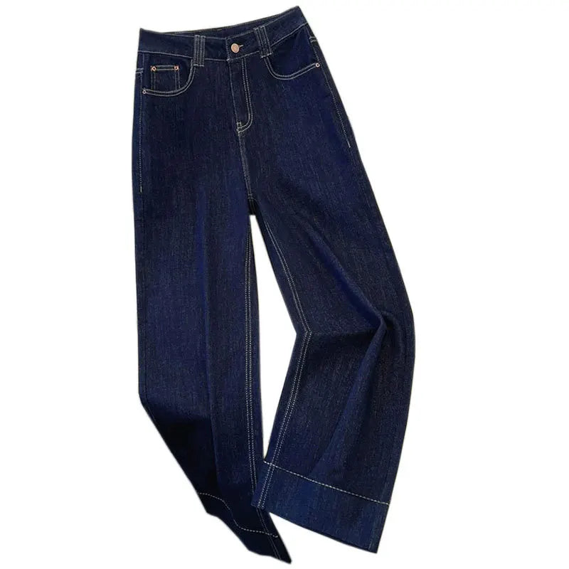 Female Trousers Women Button Zipper Closure Pockets Cozy Lady Pants Stylish Navy Blue Denim High Waisted Wide Leg Casual Jeans