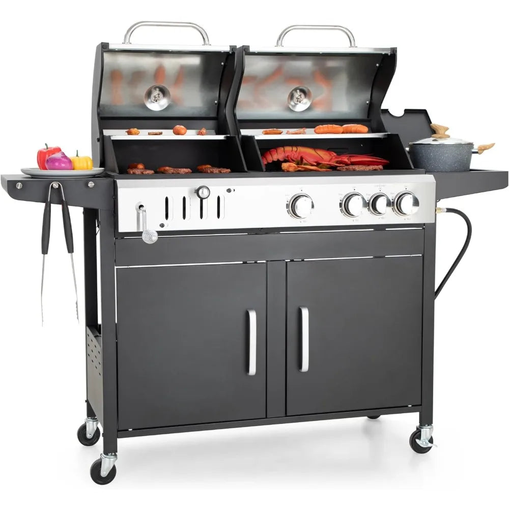 Propane Gas Grill and Charcoal Grill Combo with Side Burner & Porcelain-Enameled Cast Iron Grate, Dual Fuel BBQ