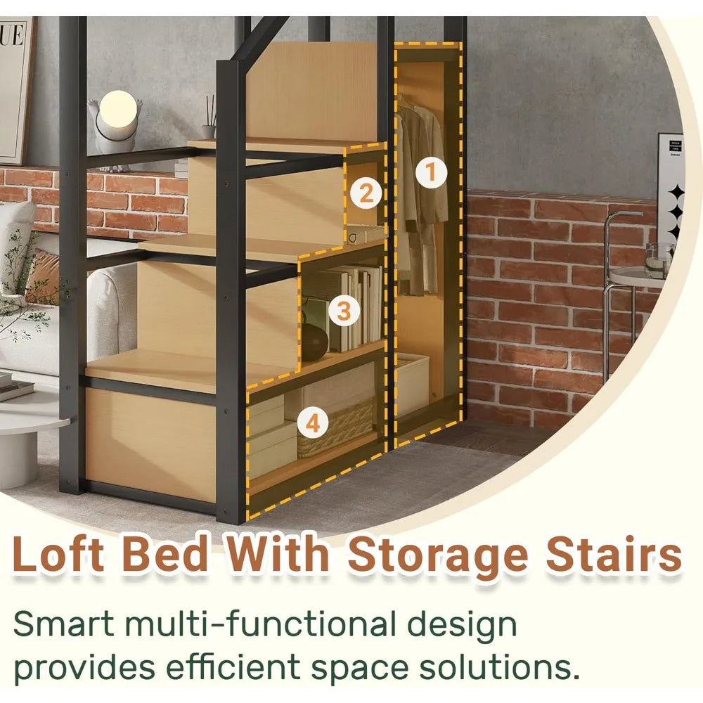 Queen Size Loft Bed with Stairs and Storage, Metal Loft Bed Frame with Bedside Shelf and Large Under-Bed Space, Heavy-Duty Beds