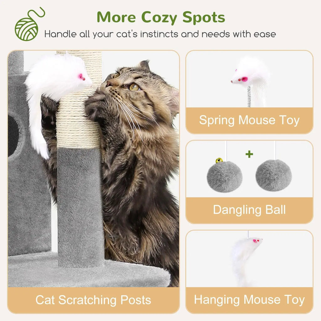 50-inch Cat Tree Tower for Large Indoor Cats with Steps, Scratching Post, Caves, and Toys in Light Grey