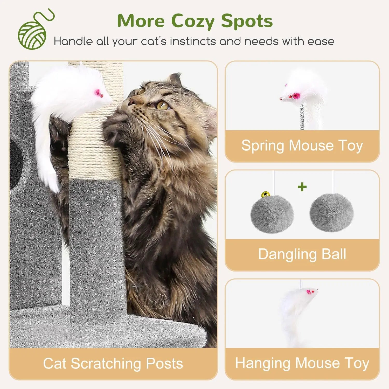 50-inch Cat Tree Tower for Large Indoor Cats with Steps, Scratching Post, Caves, and Toys in Light Grey