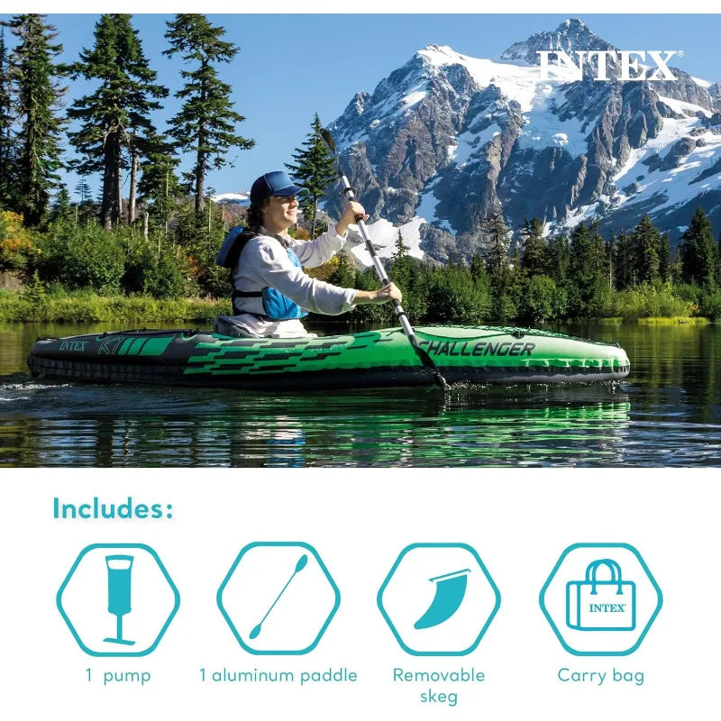 Challenger K1 1 Person Durable Vinyl Streamline Sporty Kayak with Inflatable Seat and Backrest, Oar, Pump, Carrying Bag