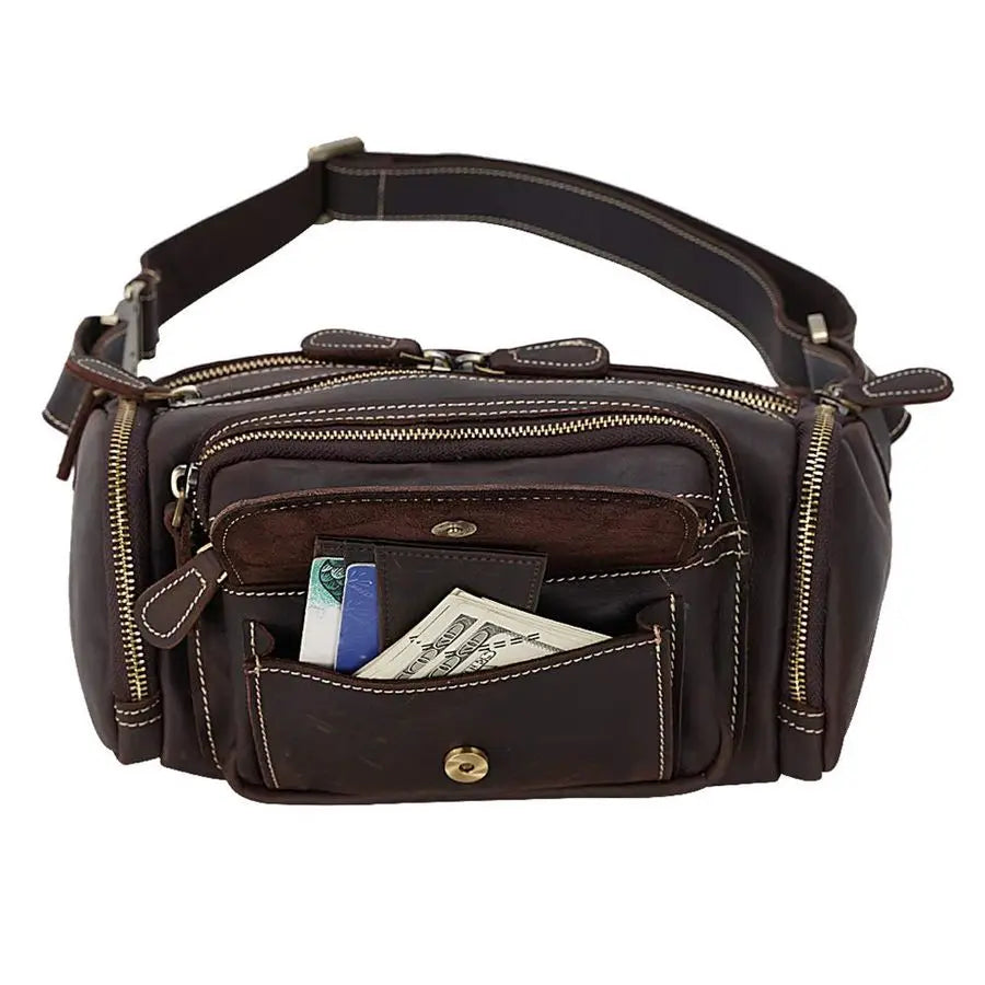 Genuine Leather Fanny Pack for Men Multifunction Waist Bag Outdoor Travel Camping Crossbody Bag