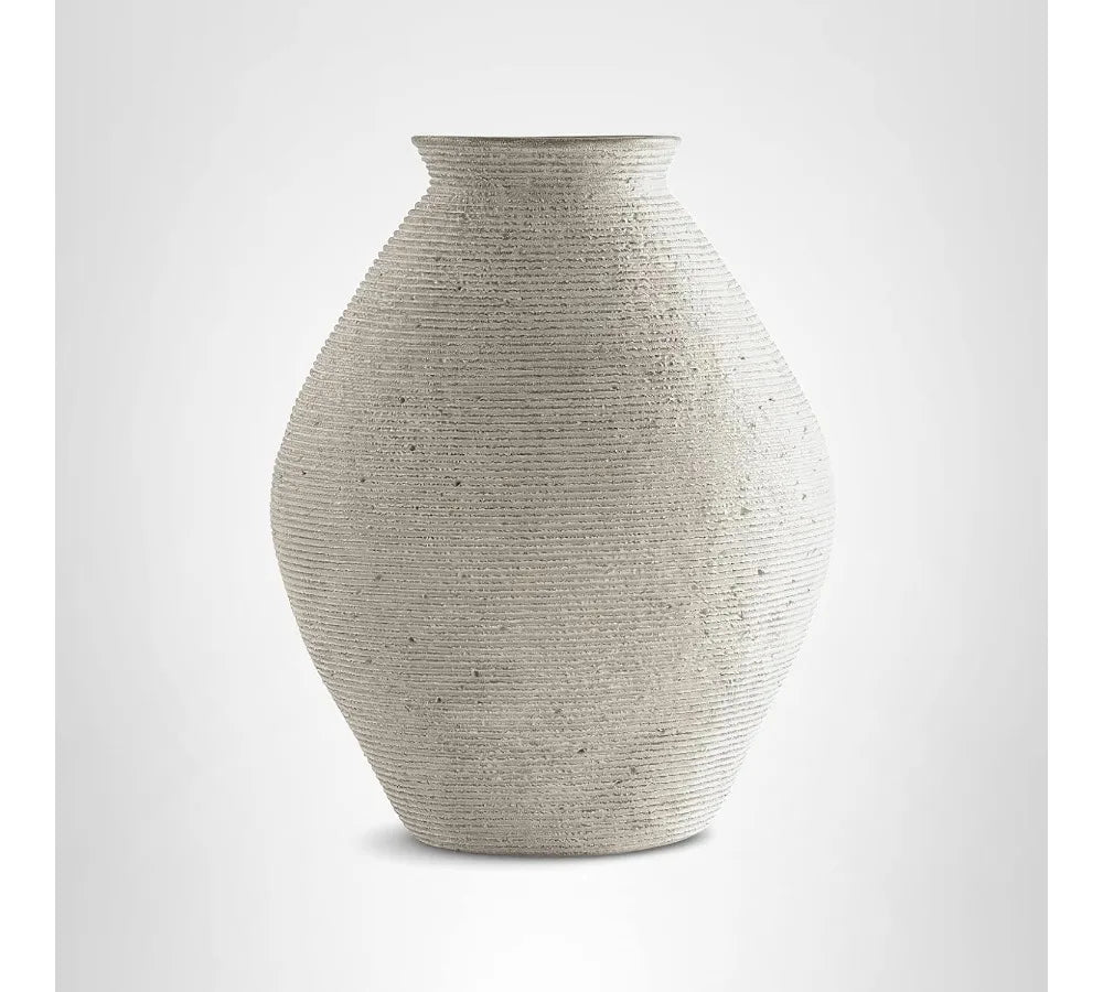 Modern Distressed Polyresin Vase, Antique Tan, Ribbed Texture for Home Decor Centerpiece