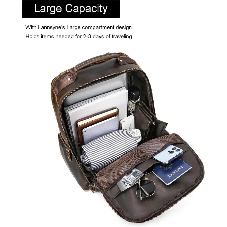 LANNSYNE Vintage Mens Full Grain Leather Backpack Fits 17.3 Inch Laptop Large Casual Rucksack Shoulder Bag For Travel/Camping/H