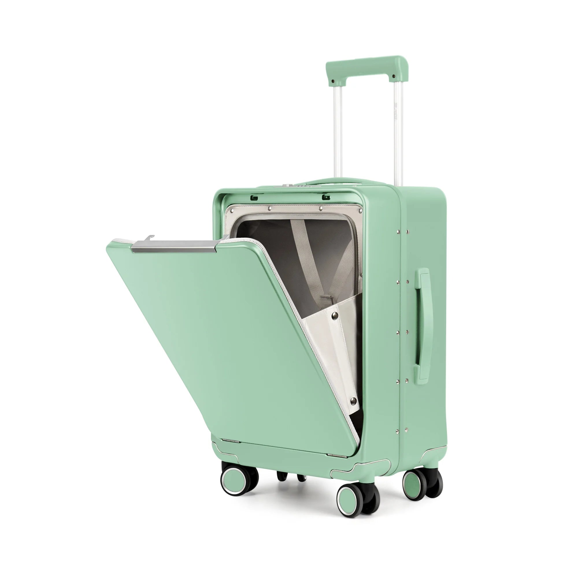 Aluminum Frame Suitcase Front Opening Rolling Travel Luggage Lightweight 20 Inch Carry-On Suitcase with Cup Holder & Side Hooks