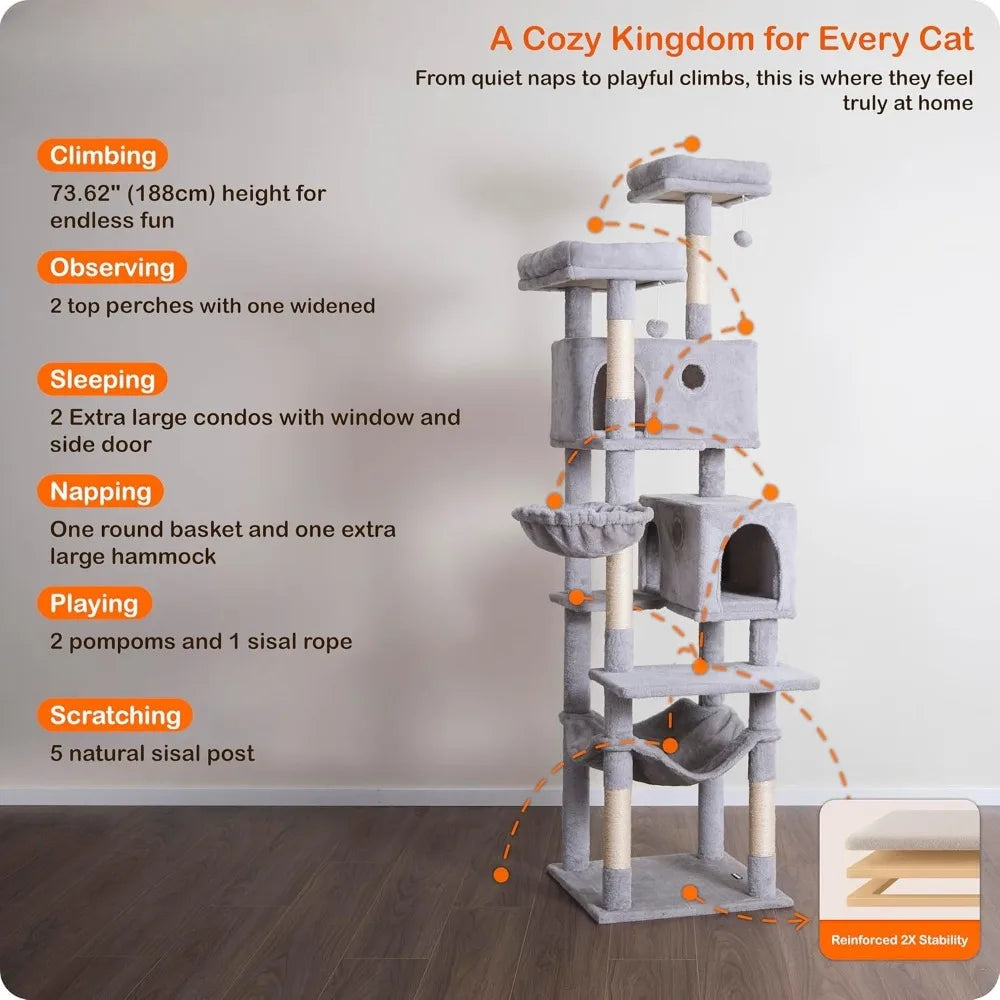 Cat Tree,73.6 inch Tall Cat Climbing Tower for Large Cat Indoor with 2 Large Condos,2 Widened Perches, Sisal Covered Scratching