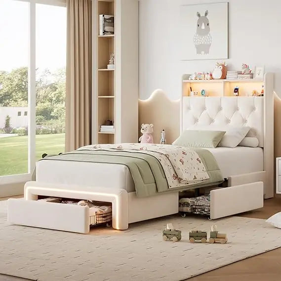 Twin LED Bed Frame with Storage Headboard & Charging Station, Velvet Fabric Platform Bed Frames with 3 Drawers, No Box Spring Ne