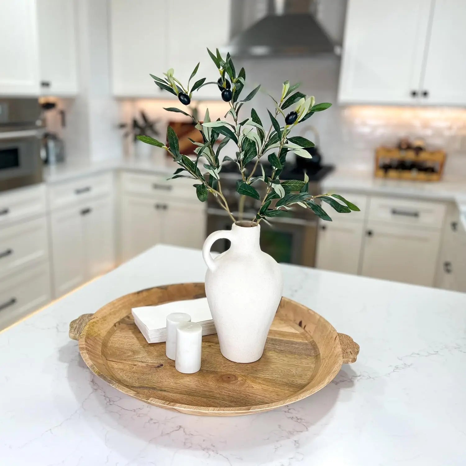 Textured Ceramic Vase with Olive Branches, 10 Inch Tall White Minimalist Decor for Home Office Gifting
