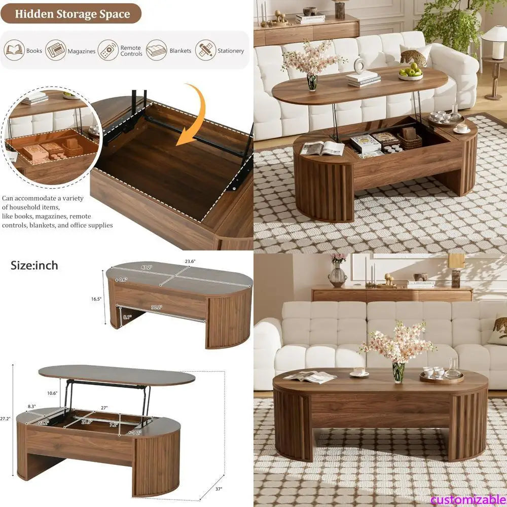 Modern Oval Coffee Table with Lift Top and Hidden Storage, 47.2 Wooden Center Table for Living Room