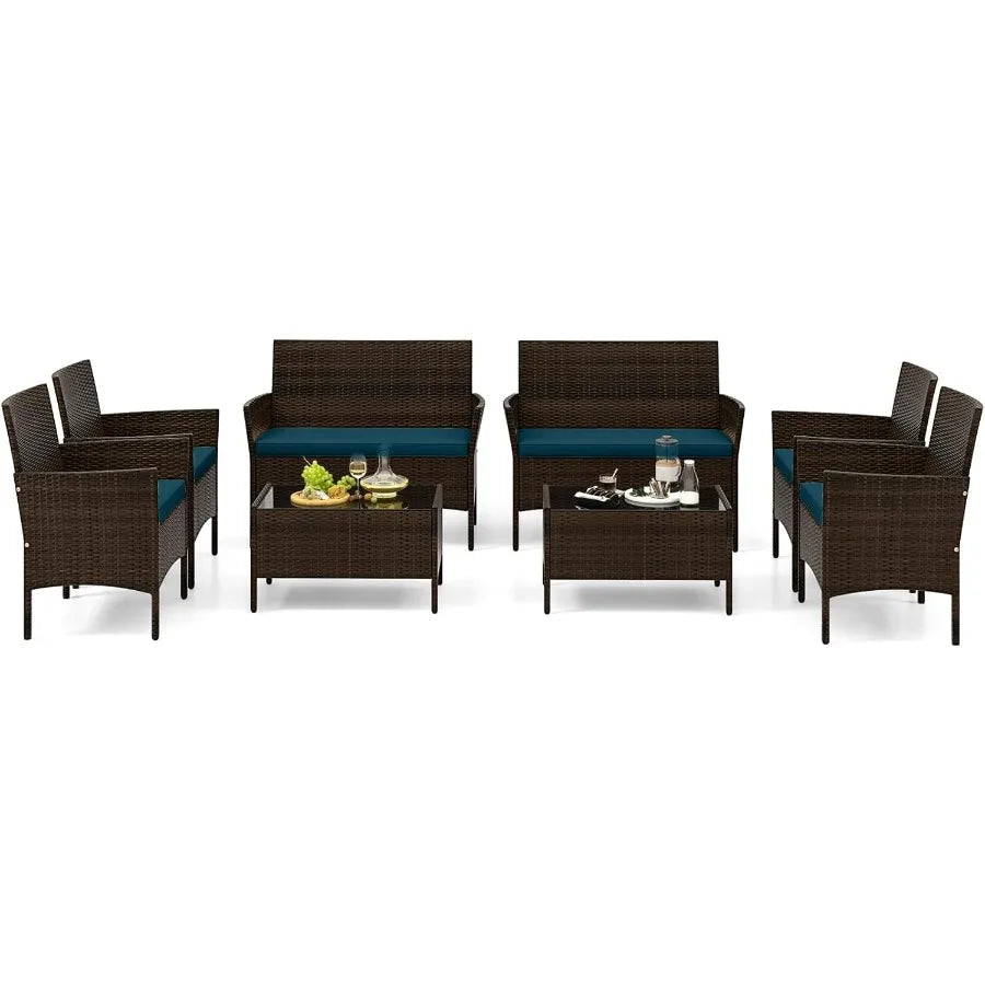 8 Piece Patio Rattan Conversation Set Outdoor Wicker Furniture Set with Chair Loveseat Tempered Glass Table Cozy Seat