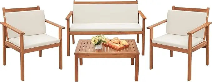 Greesum 4 Piece Bistro Patio Furniture Outdoor Chat Chair Set with Water Resistant Cushions and Coffee Table for Beach Backyard