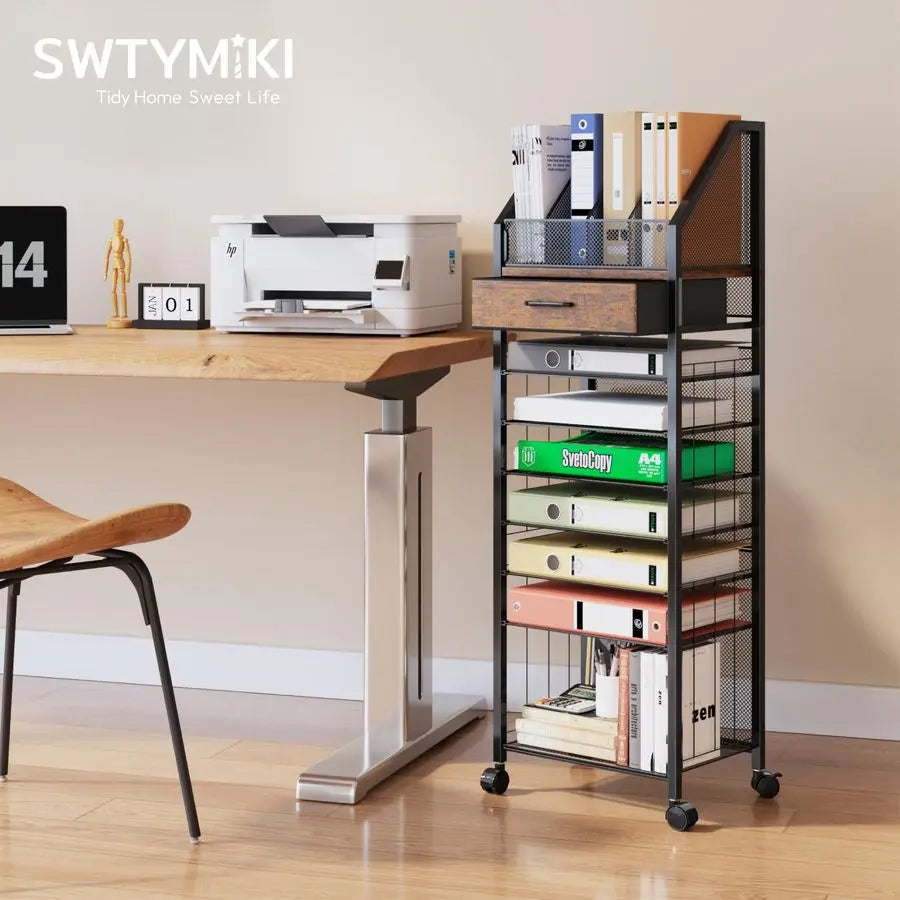 9Tier Rolling File Cart Paper Organizer with Drawer and Trays, Wood Desk Office Organizer, Office Organization and Binder Storag