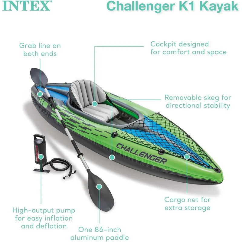Challenger K1 1 Person Durable Vinyl Streamline Sporty Kayak with Inflatable Seat and Backrest, Oar, Pump, Carrying Bag