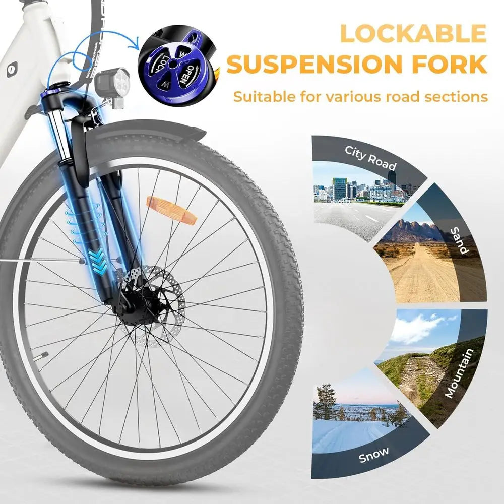 Adult 20MPH 50-Mile E-Bike: 468Wh Battery, 750W Motor, 7-Speed, Front Suspension