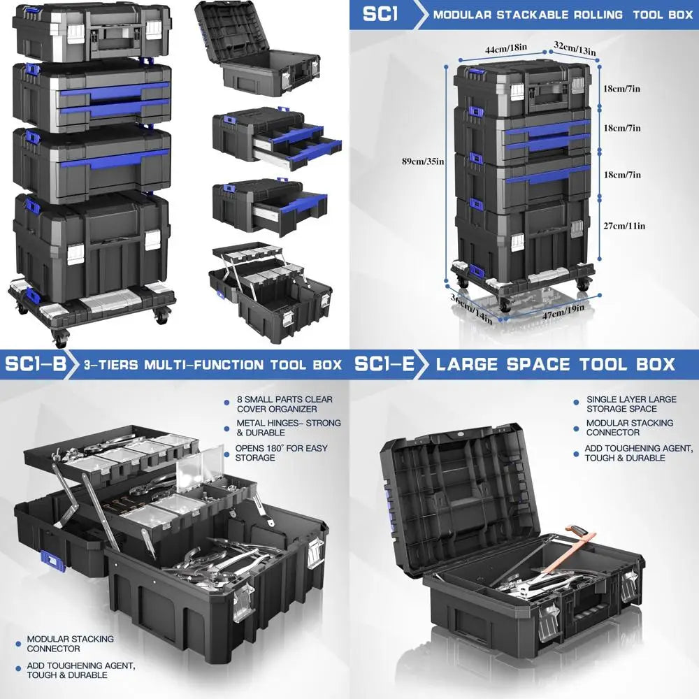 Portable Rolling Modular Tool Storage System with Drawers - 4 Tier Stackable Organizer Box for Tools