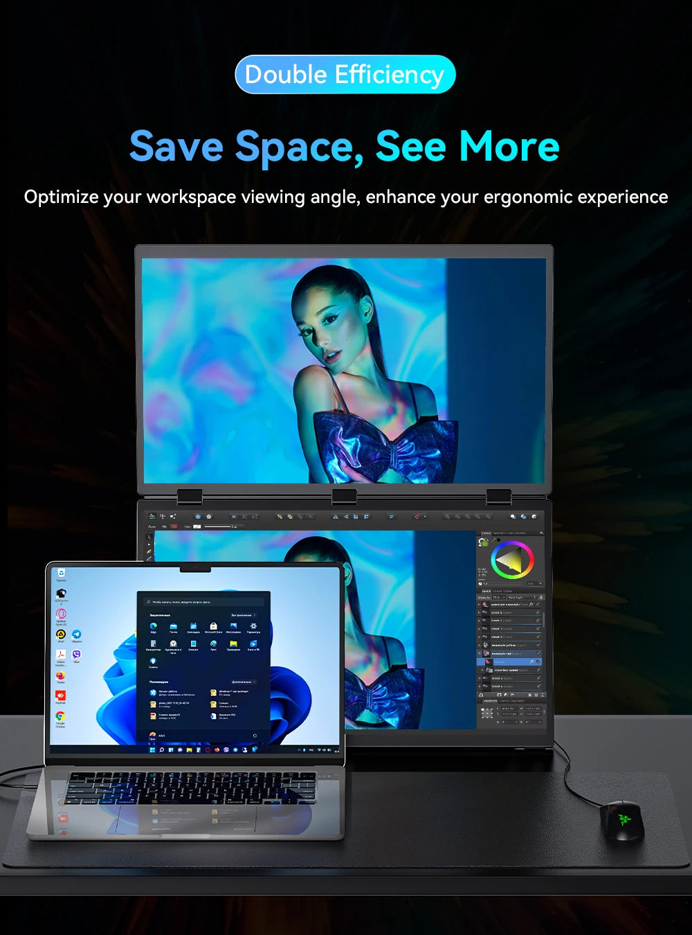 18.5" Triple Portable Monitor 100Hz 1080P Large Folding Stacked External Mobile Computer Display for Laptop PC Phone Game Consol
