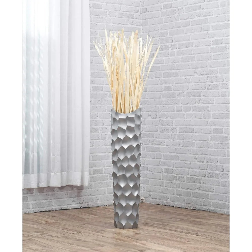 Large Silver Tall Wooden Floor Vase - 26 Inch Farmhouse Style Decorative Holder for Artificial Flowers and Pampas Grass