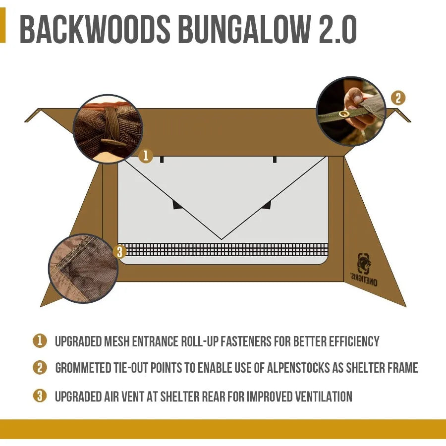 Backwoods Bungalow Bushcraft Shelter 2.0 Ultralight Backpacking Tent with with Porch for Camping Hiking Backpacking Motorcycle