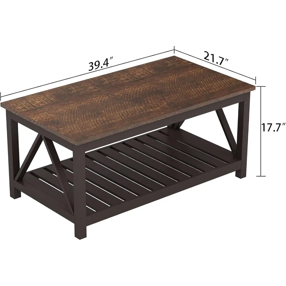 Farmhouse Coffee Table, Rustic Vintage Living Room Table with Shelf, 40 Espresso