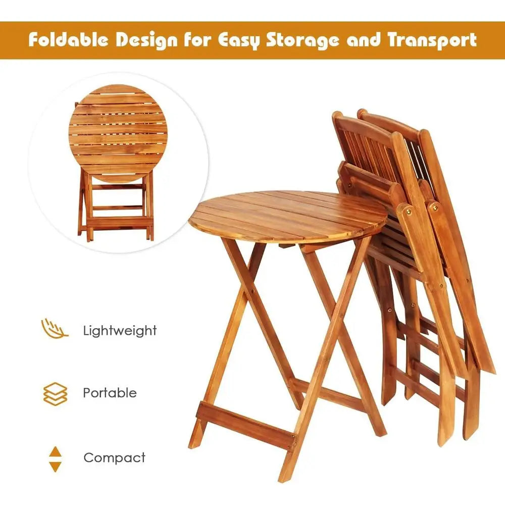 Outdoor Patio Bistro Set with Folding Wooden Table and 2 Cushioned Chairs, Natural and Beige for Garden and Yard