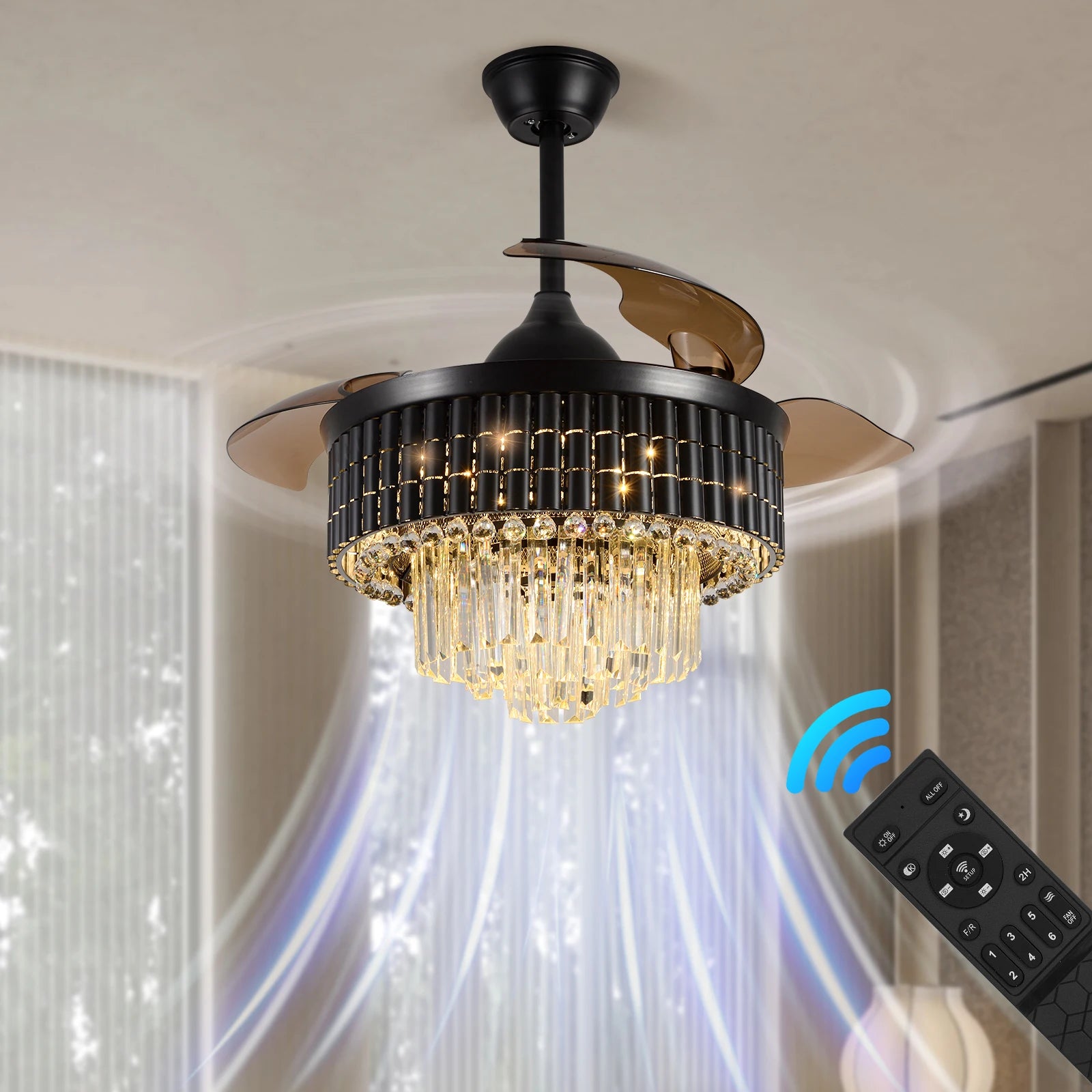 Smart RC Ceiling Fan Lamp Led Light Modern Home Decor Crystal Black Chandelier Living Dining Room Indoor Fixture Intelligent