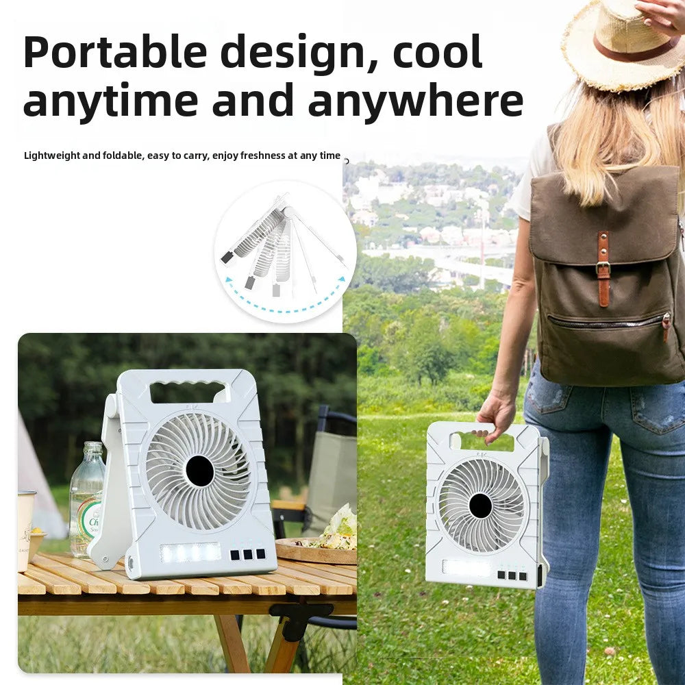Powered Camping Solar Fan - Portable Rechargeable Handheld Fan with LED Light, Power Bank for Outdoor, Fishing, and Wild Camping