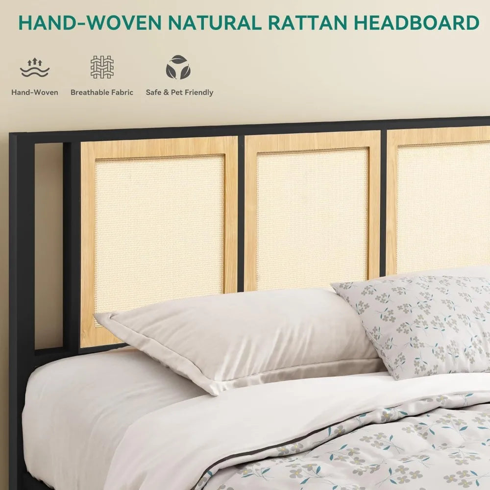 Queen Size Rattan Bed Frame with Headboard, Footboard, and Storage Drawers - Boho Style Cane Platform Bed