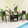 Patio 3PCS Wicker Bar Set Height Table Two Stools with 3 Rows Stemware Racks Garden