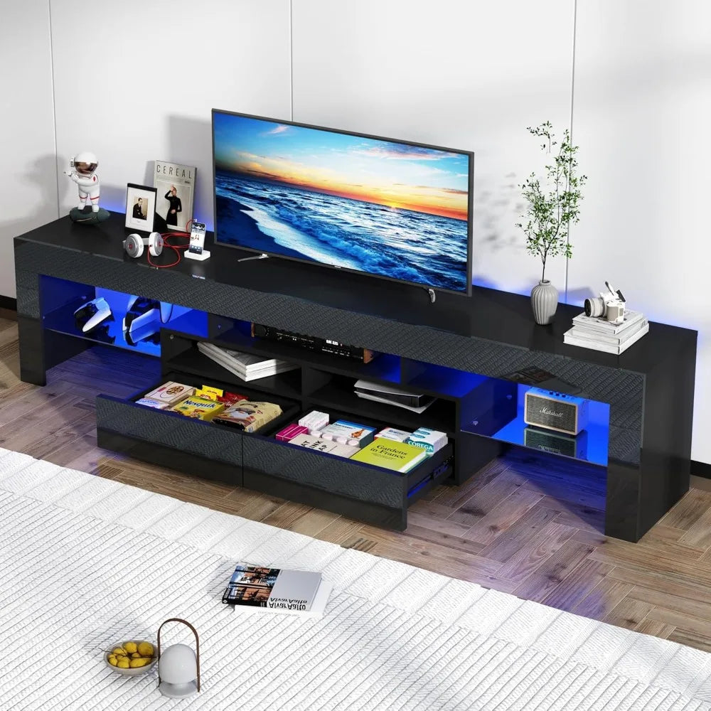 LED TV Stand for 90/100 inch TV, High Glossy Modern Entertainment Center with Drawer and Led Lights, Television Table