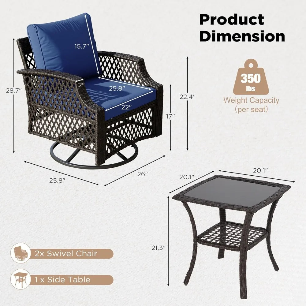 3 Piece Outdoor Swivel Chair Set, Wicker Patio Bistro Set with Thickened 25D Cushions and Glass Coffee Table, Patio Furniture C